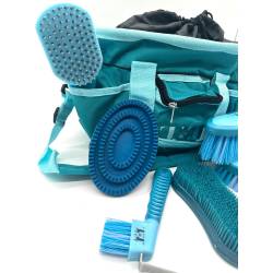 Zoom sur le matériel de pansage du set bicolore Fika turquoise / bleu ciel