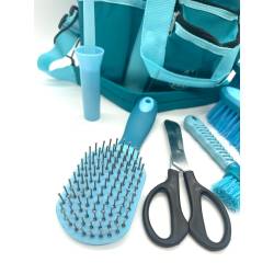Zoom sur le matériel de pansage du set bicolore Cisa turquoise / bleu ciel