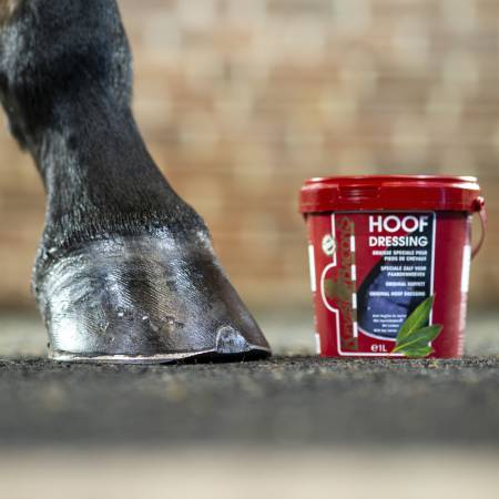 Graisse pour sabots Hoof Dressing Noir Kevin Bacon's posé à côté du sabot d'un cheval
