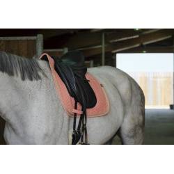 Tapis de dressage Softy saumon Equithème sur un cheval sellé vue de 3 quarts