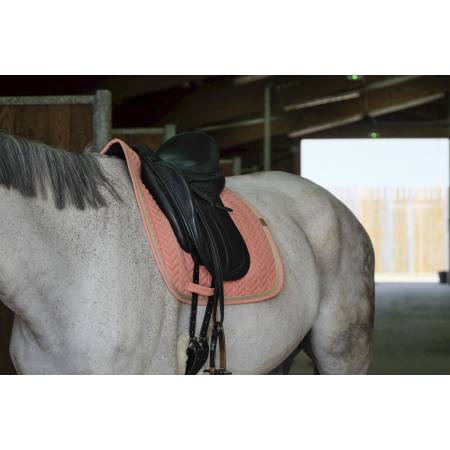 Tapis de dressage Softy saumon Equithème sur un cheval sellé vue de 3 quarts