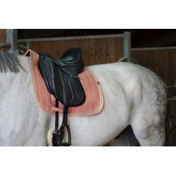 Tapis de dressage Softy saumon Equithème sur un cheval sellé