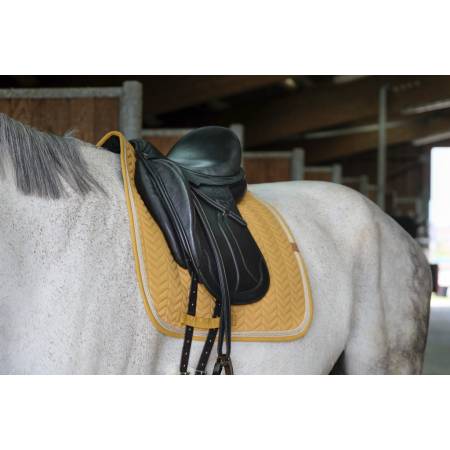 Tapis de dressage Softy moutarde Equithème sur un cheval sellé vue de 3 quarts
