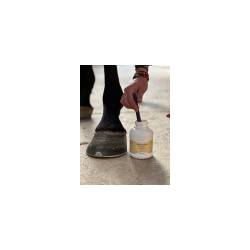 Pot d'huile pour sabot Nutri Pied posé à côté d'un sabot de cheval