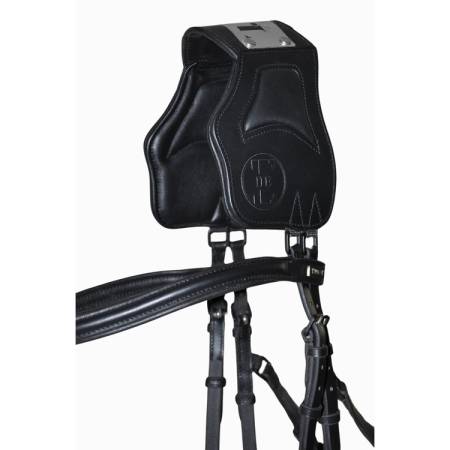 Zoom sur la têtière du filet ergonomique à pont Vargas T de T noir vue de 3 quarts avant