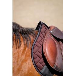 Zoom sur l'avant du tapis de selle Impulsion marron Equithème sur un cheval bai