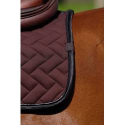 Zoom sur l'arrière du tapis de selle Impulsion marron Equithème sur un cheval bai