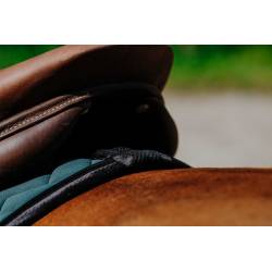 Zoom sur le troussequin du tapis de selle Impulsion vert Equithème sur un cheval bai