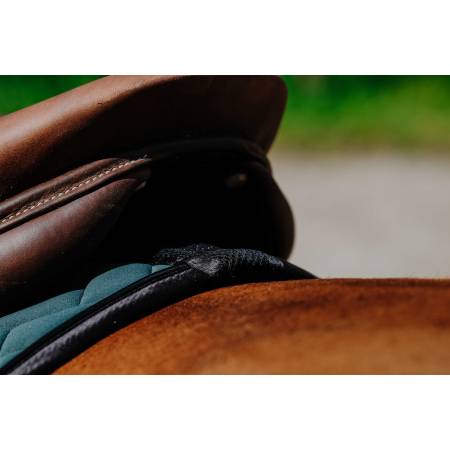 Zoom sur le troussequin du tapis de selle Impulsion vert Equithème sur un cheval bai