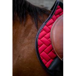 Zoom sur l'avant du tapis de selle Impulsion rouge foncé Equithème sur un cheval bai