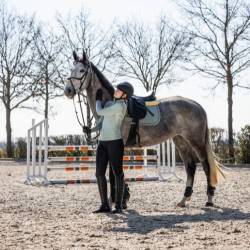 Tapis de selle Florence sauge HKM sur un cheval gris avec cavalière à pied
