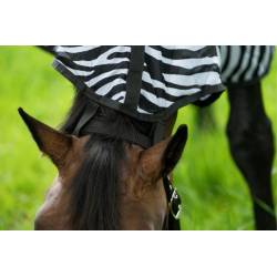 Zoom sur les sangles de licol de la chemise combo anti-mouches Zebra HKM sur un cheval