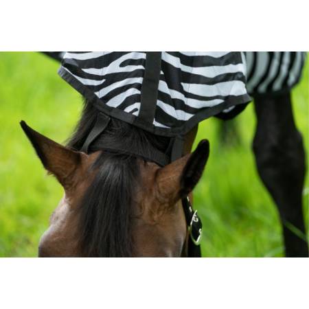 Zoom sur les sangles de licol de la chemise combo anti-mouches Zebra HKM sur un cheval