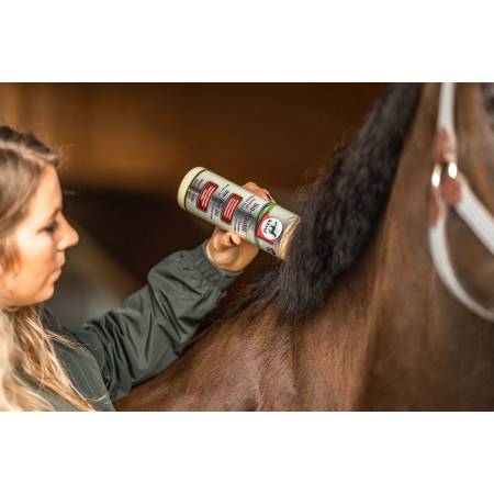 Application de l'huile de soin anti-démangeaisons Leovet sur un cheval