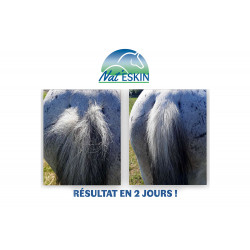 Résultat en 2 jours du soin  réparateur cicatrisant Nat Eskin sur la queue d'un cheval