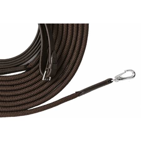 Zoom sur les longues rênes toile et corde marron 10 m Riding World