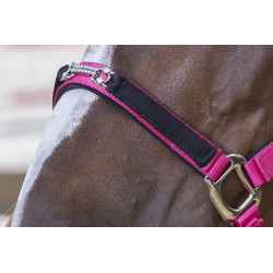 Zoom sur le devant du licol poney rose avec strass porté