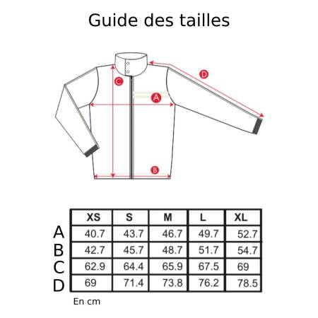 Guide des taille des la veste zippée grise et noire GPA