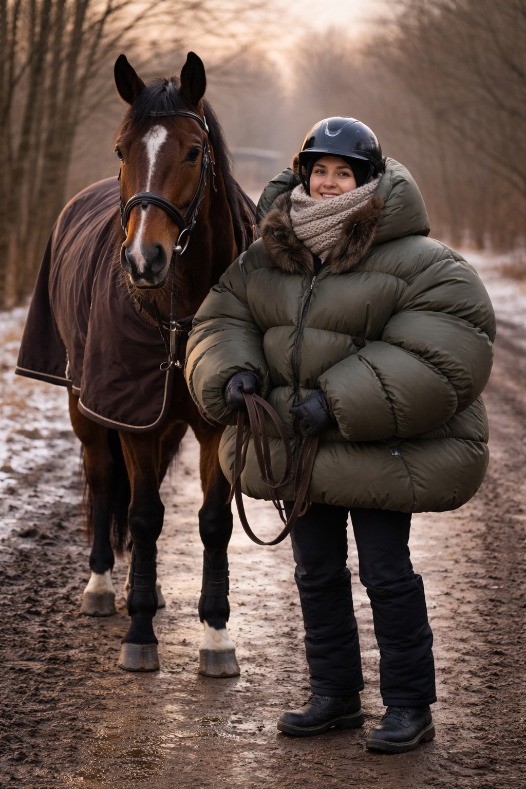 cavalière à pied dans une grosse doudoune